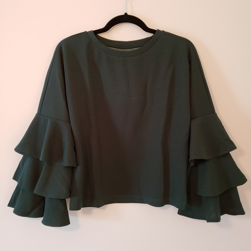 Forest Green Shirt with Layered Bell Sleeves